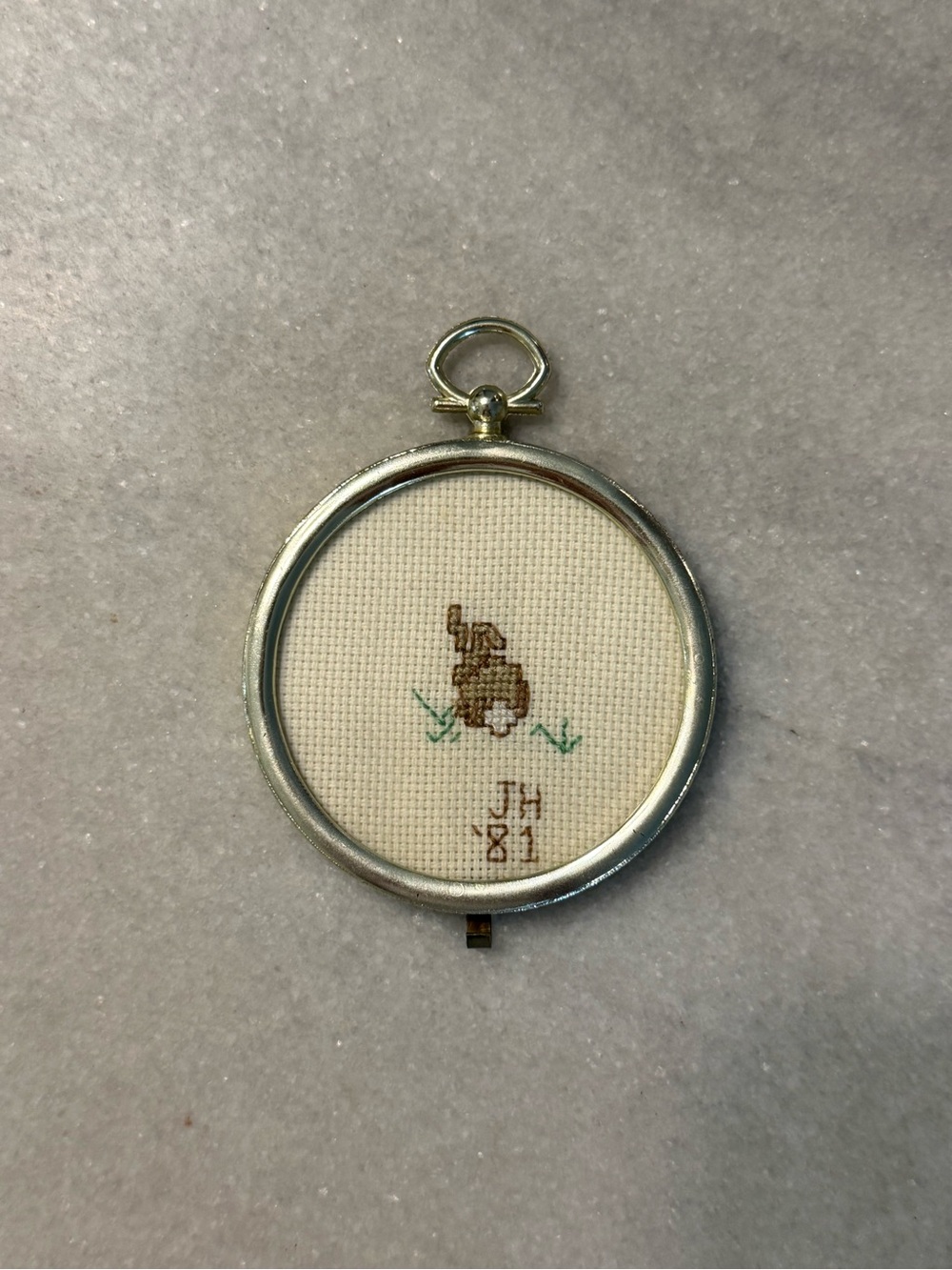 Vintage Cross-Stitch Cottontail Bunny Rabbit in Gold Hue Pendant Frame
